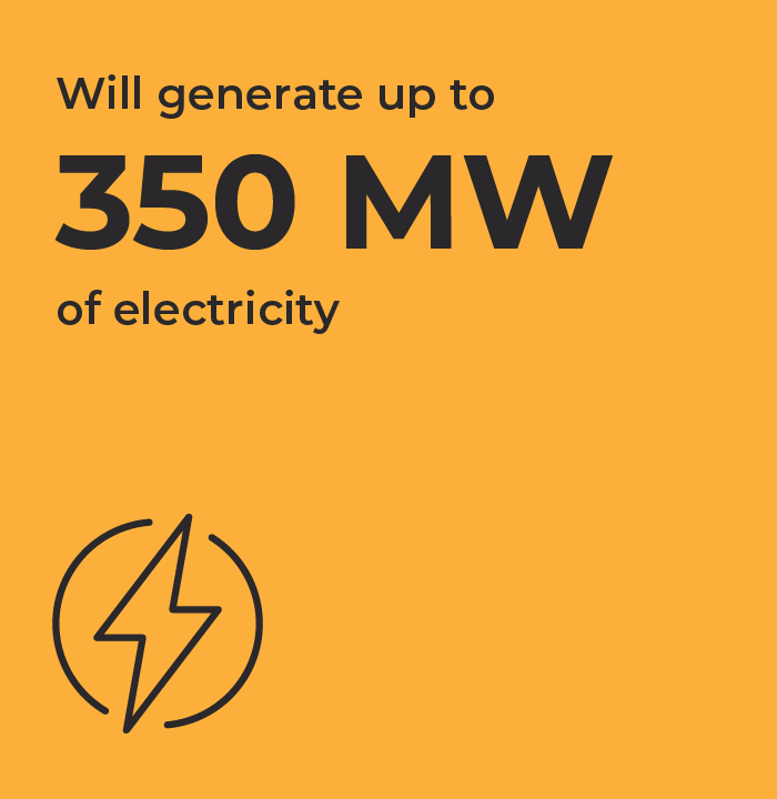 Orange square and a lightning bolt icon with the following text: Will generate up to 350 MW of electricity