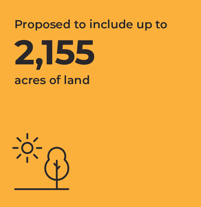 Orange square with a tree and sun icon with the following text: Proposed to include up to 2,155 acres of land