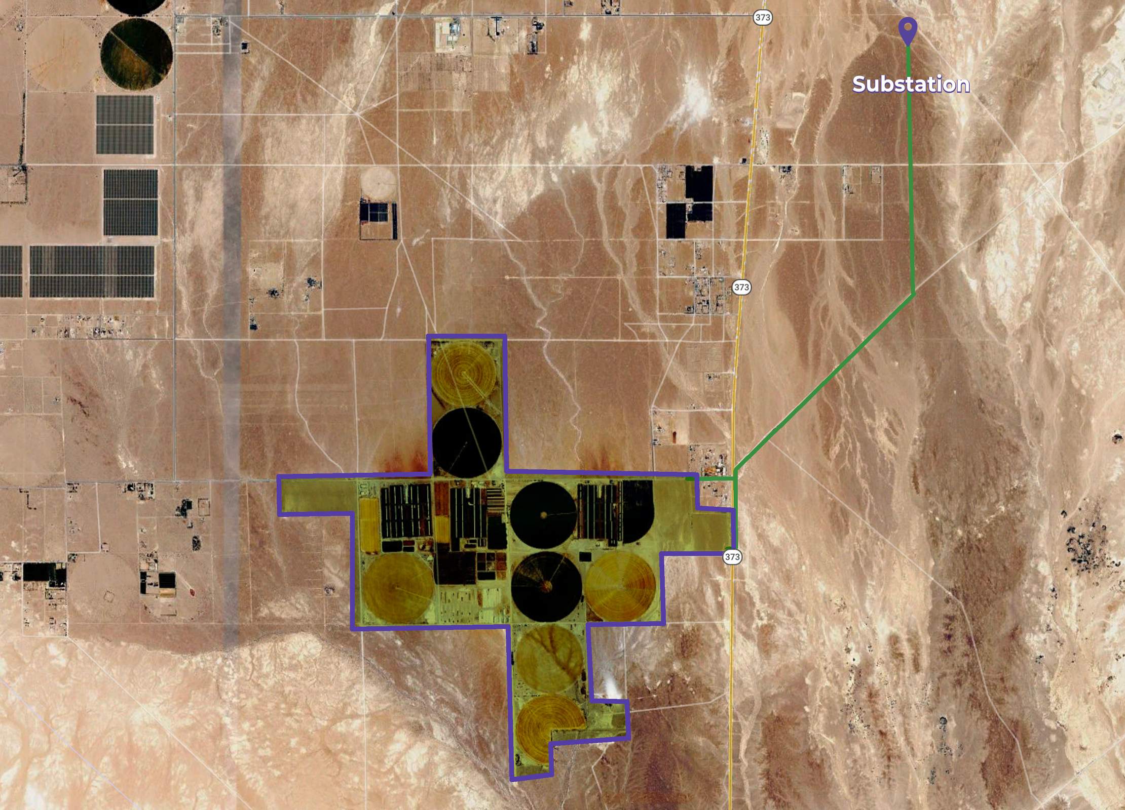 Map of the Ponderosa Solar + Battery project: Aerial view of a desert landscape with showing the project outline by a purple outline and with a labeled substation connected to the project by a green line.