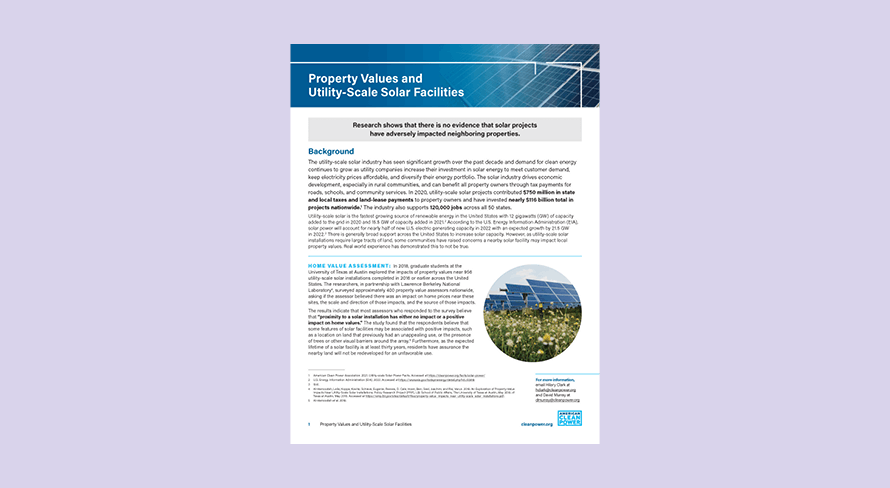 Cover of "Property Values and Utility-Scale Solar Facilities" study on a purple background